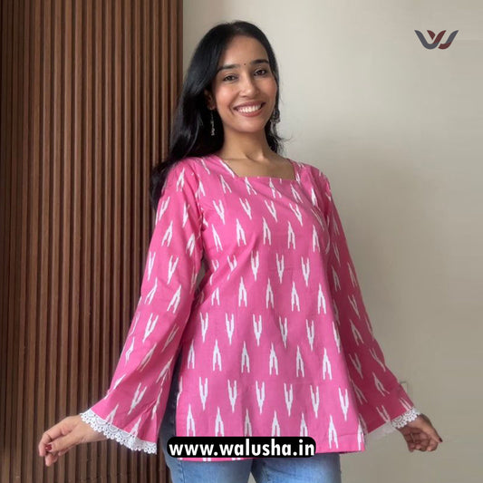 Pink Ikat Printed Bell Sleeve Short Kurti