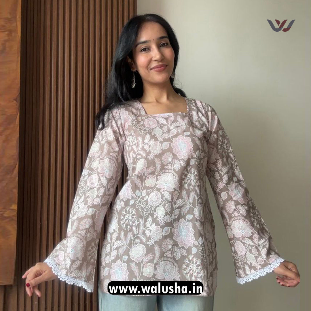 Beige Floral Printed Bell Sleeve Short Kurti