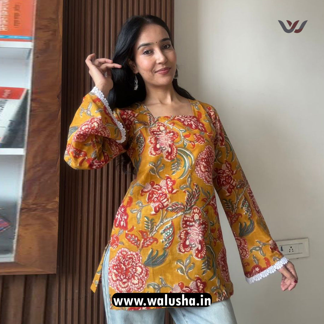 Mustard Blossom Printed Bell Sleeve Short Kurti