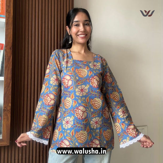 Classic Blue Floral Printed Bell Sleeve Short Kurti