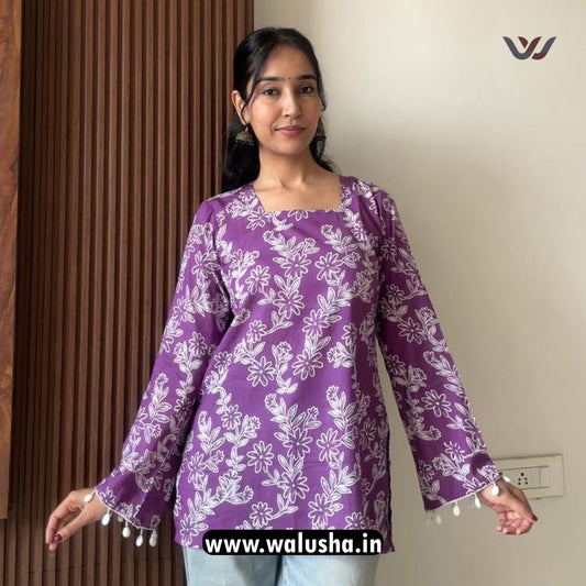 Purple Floral Printed Bell Sleeves Short Kurti