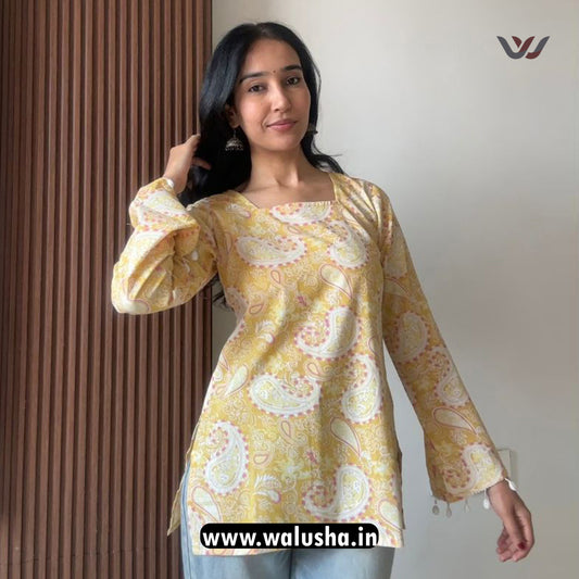 Yellow Paisley Printed Belle Sleeve Short Kurti