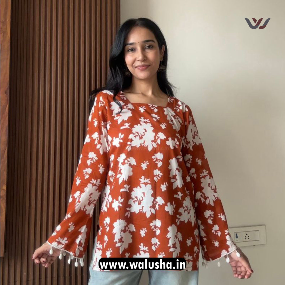 Rust Orange Floral Printed Bell Sleeve Short Kurti