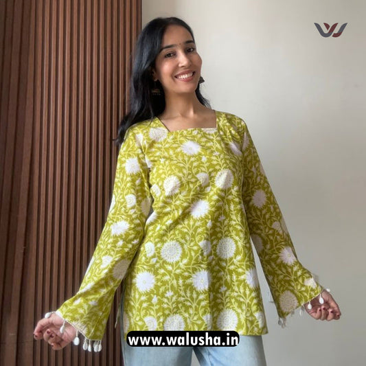 Stylish Square Neck Green Floral Short Kurti