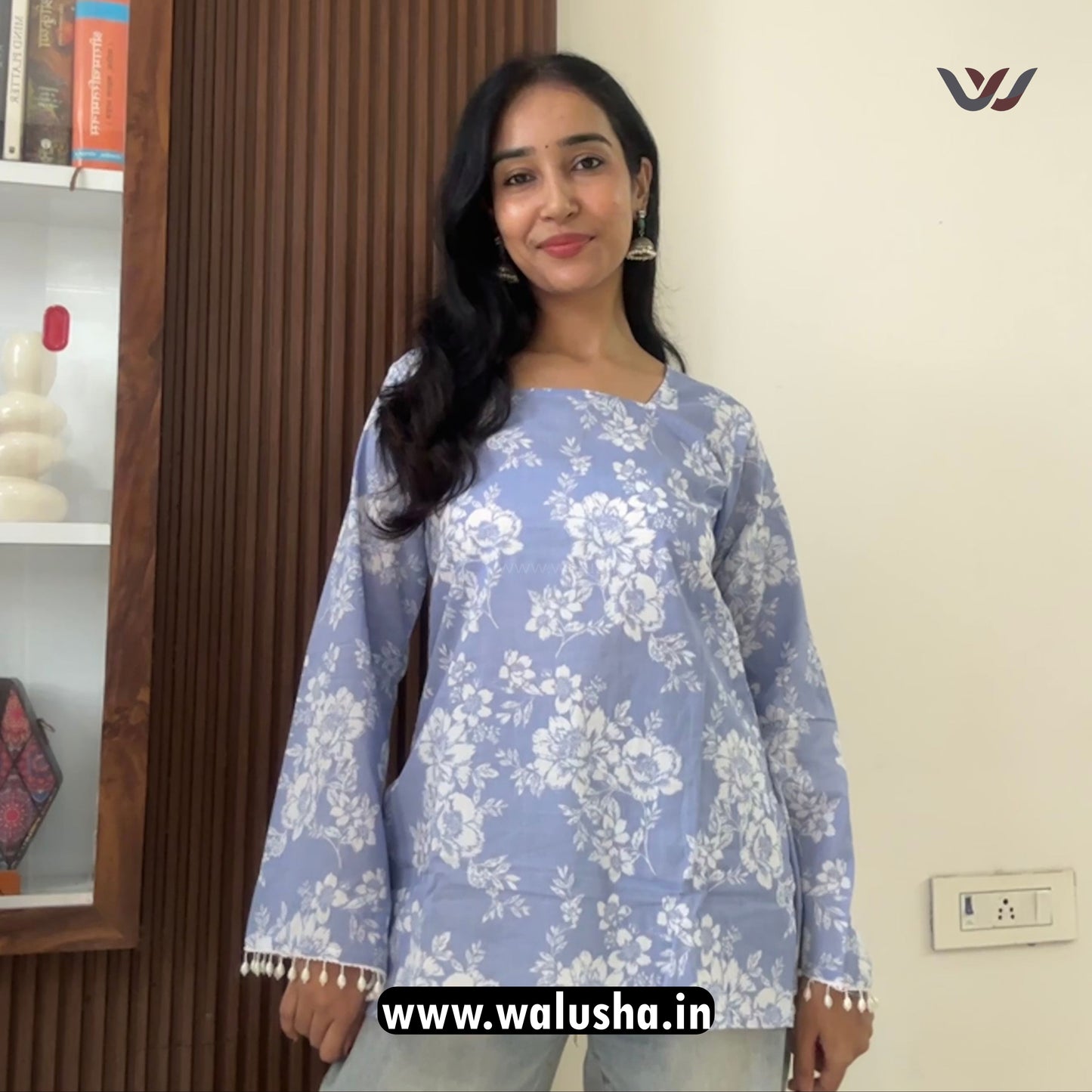 Sky Blue Floral Printed Bell Sleeve Short Kurti