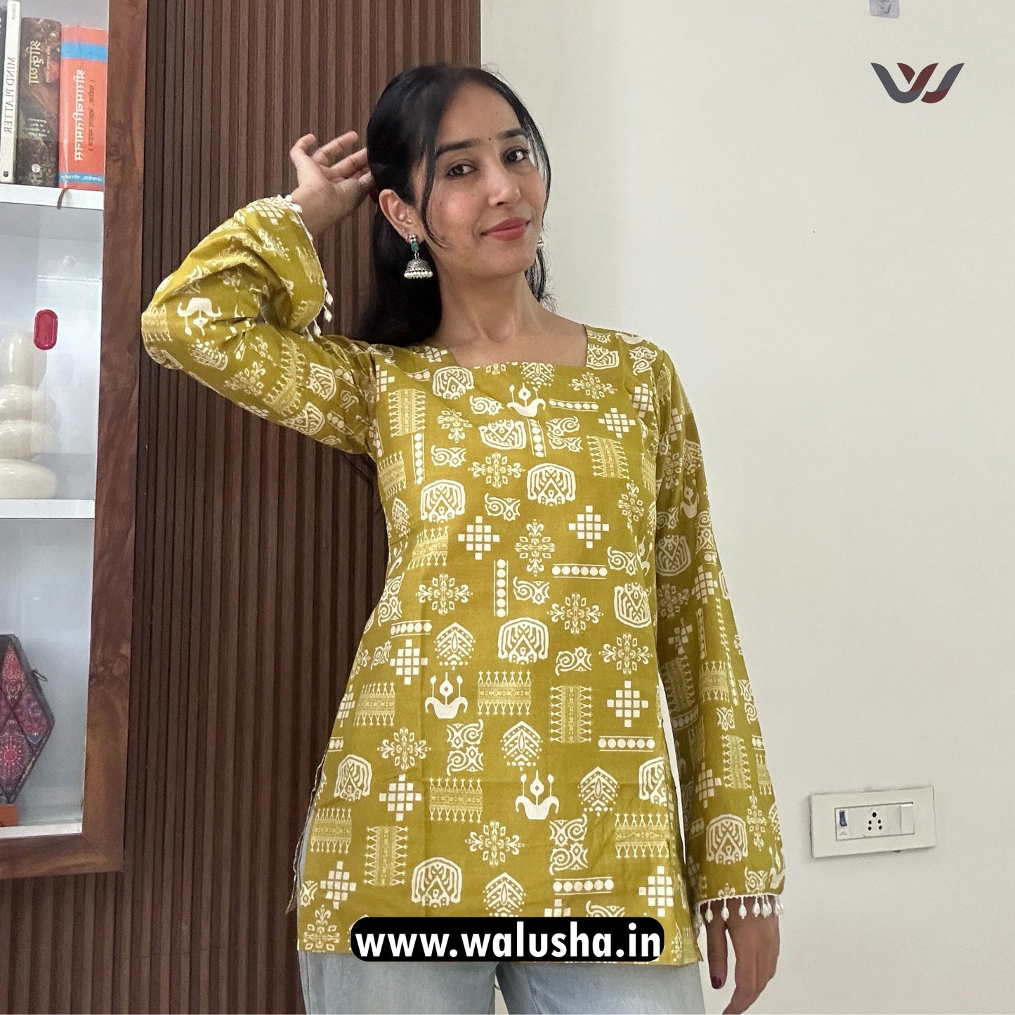 Mustard Yellow Tribal Printed Bell Sleeve Short Kurti