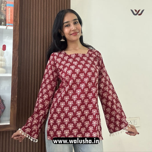 Elegant Maroon Floral Printed Bell Sleeve Short Kurti