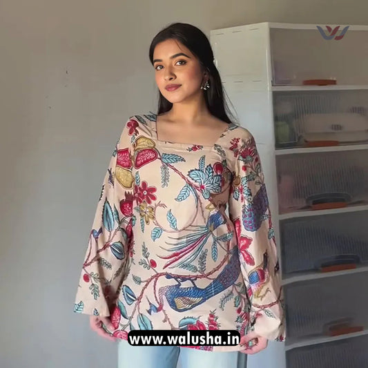 Beige Floral Printed Bell Sleeve Kurti