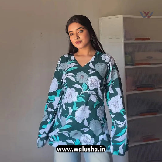 Green Floral Printed Bell Sleeve Short Kurti