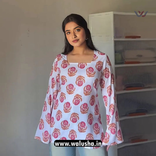 White Floral Printed Chic Everyday Wear Bell Sleeve Short Kurti