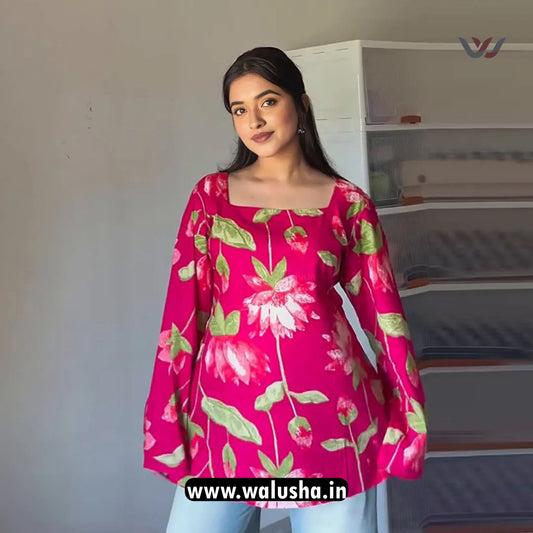 Bright Pink Floral Printed Casual Wear Short Kurti