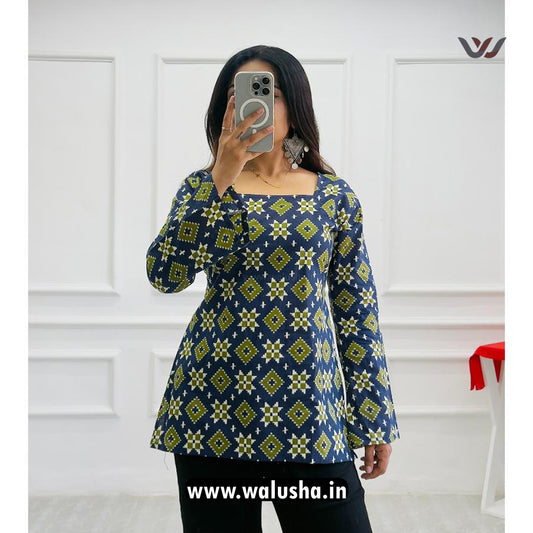 Navy Blue Geometric Printed Pure Cotton Short Kurti