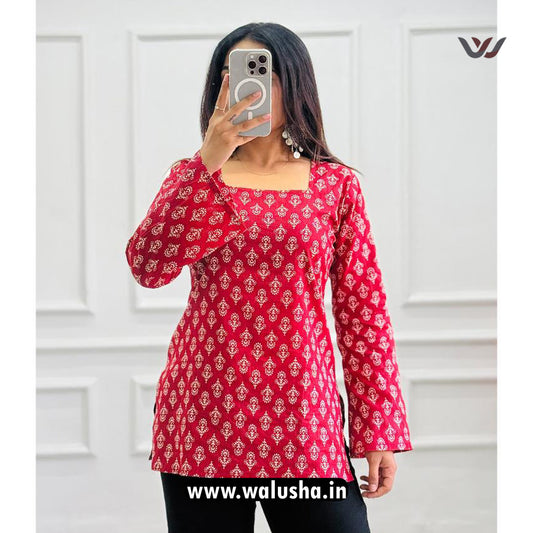 Red Block Printed Square Neck Pure Cotton Short Kurti