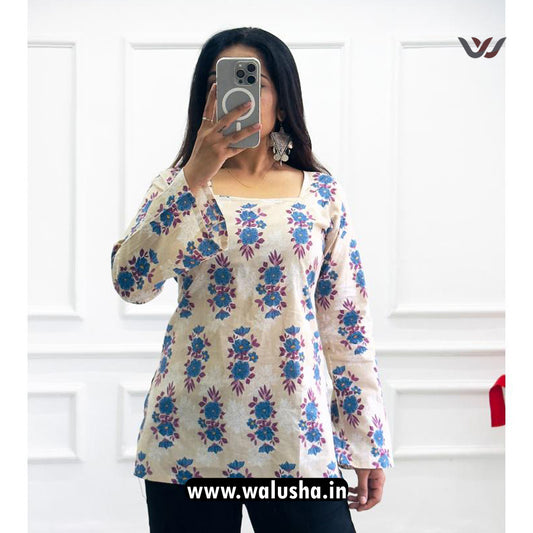 Cream And Blue Floral Printed Pure Cotton Short Kurti