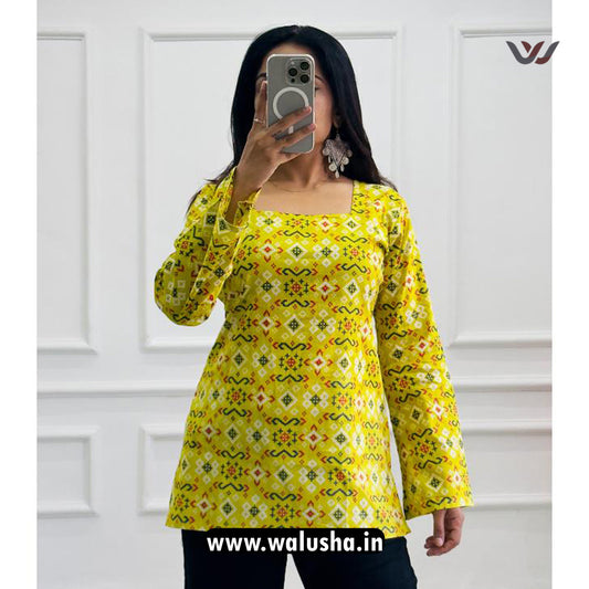 Yellow Geometric Printed Pure Cotton Short Kurti