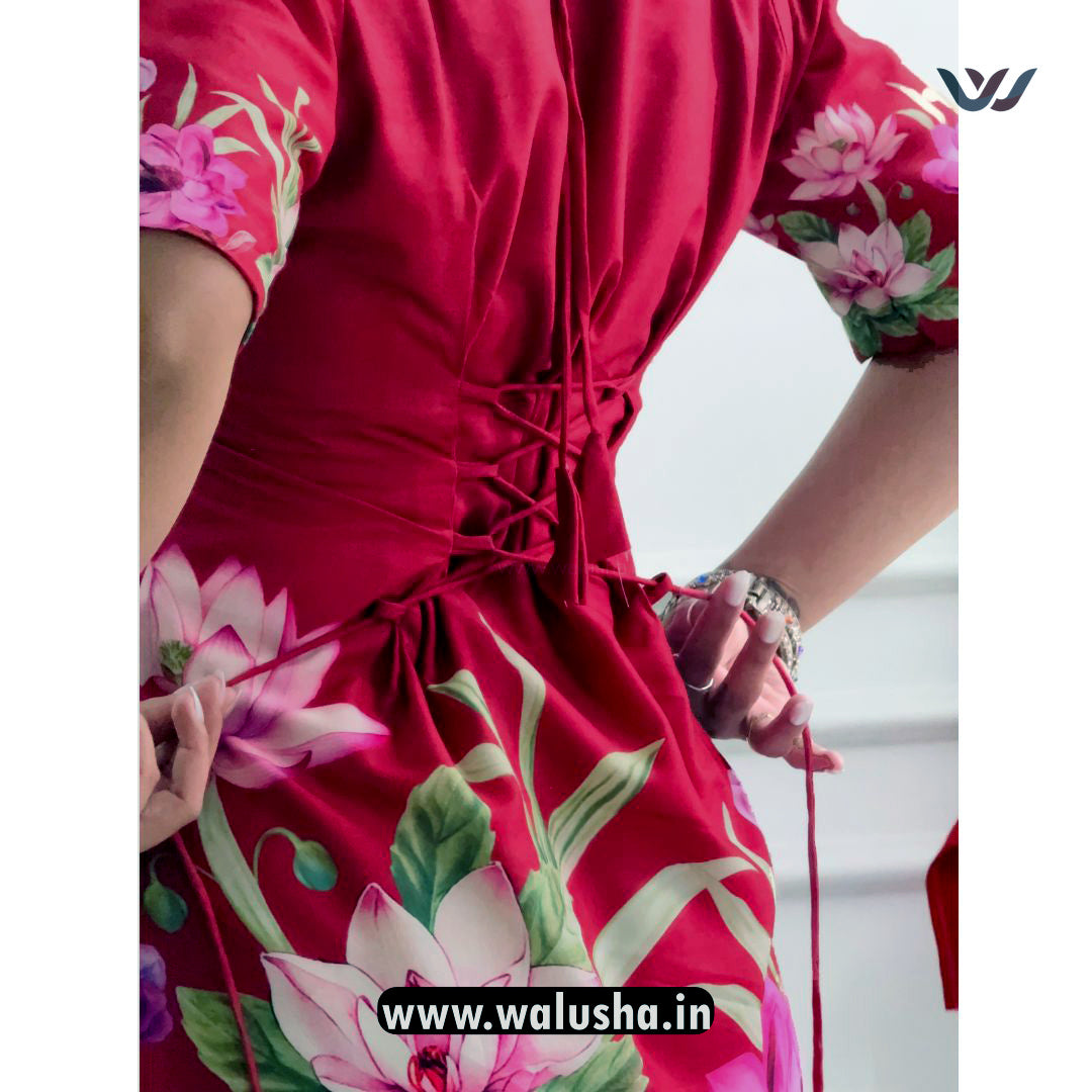 Maroon Lotus Bloom Printed Corset Back Short Kurti