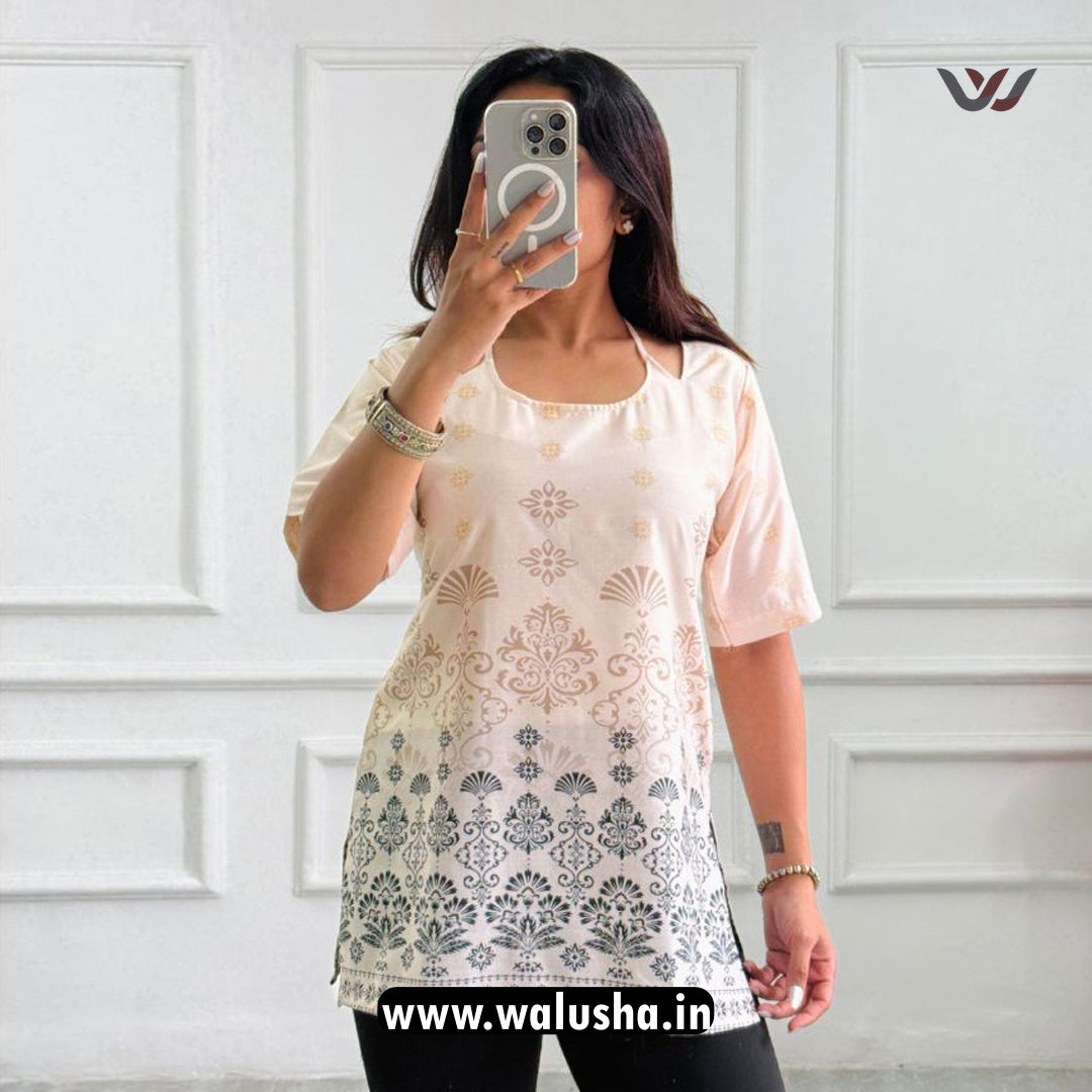 Ivory Elegance with Golden Motifs Printed Corset Back Short Kurti