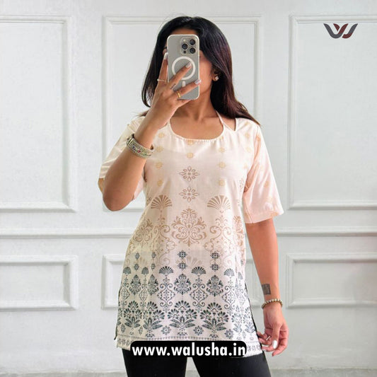 Ivory Elegance with Golden Motifs Printed Corset Back Short Kurti