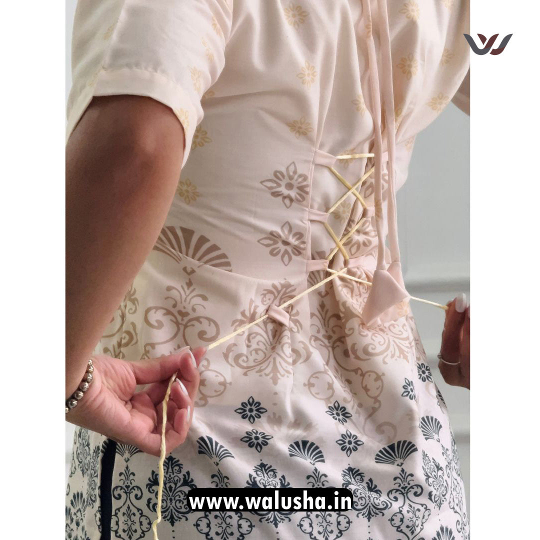 Ivory Elegance with Golden Motifs Printed Corset Back Short Kurti