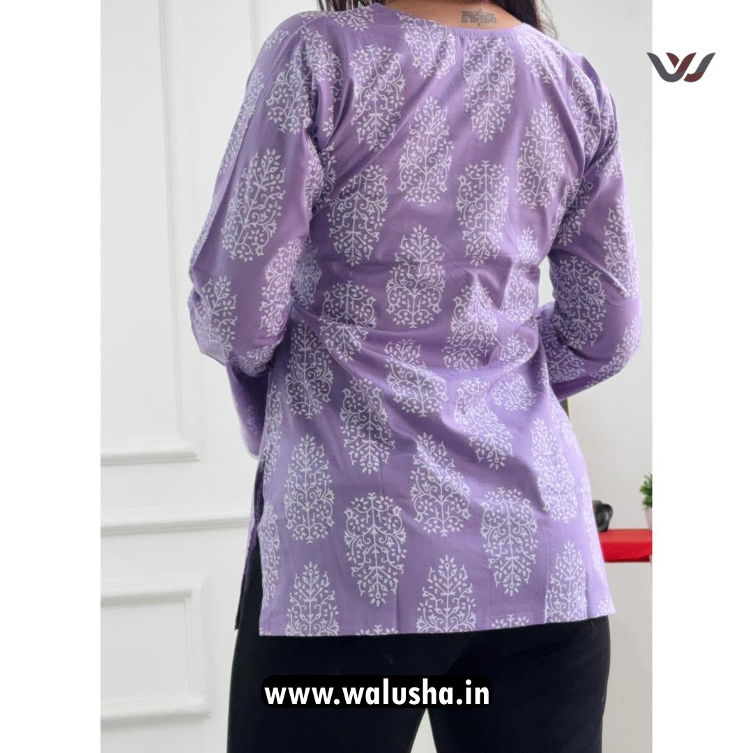 Lavender Hand Block Printed Pure Cotton Short Kurti