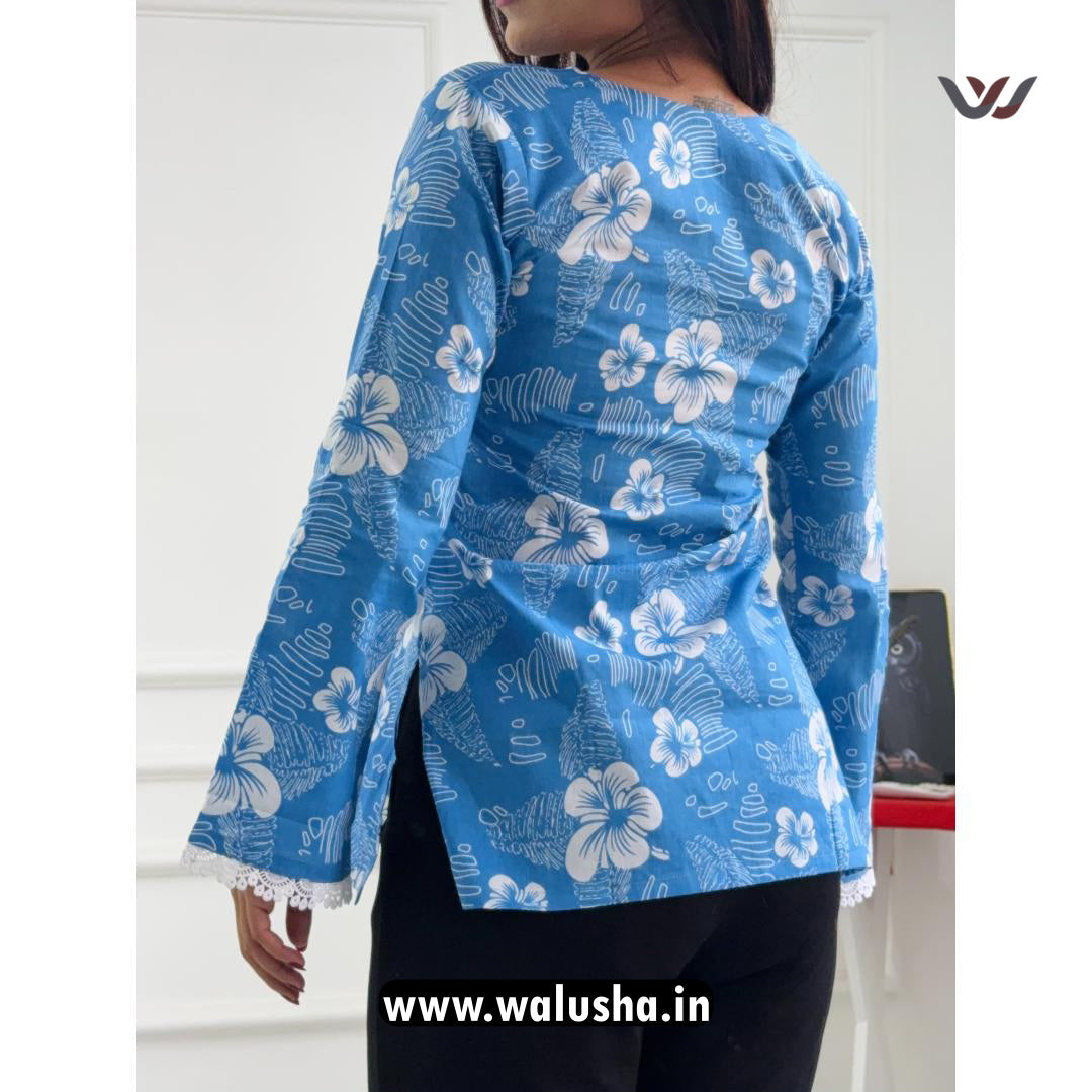 Blue Hibiscus Printed Pure Cotton Short Kurti