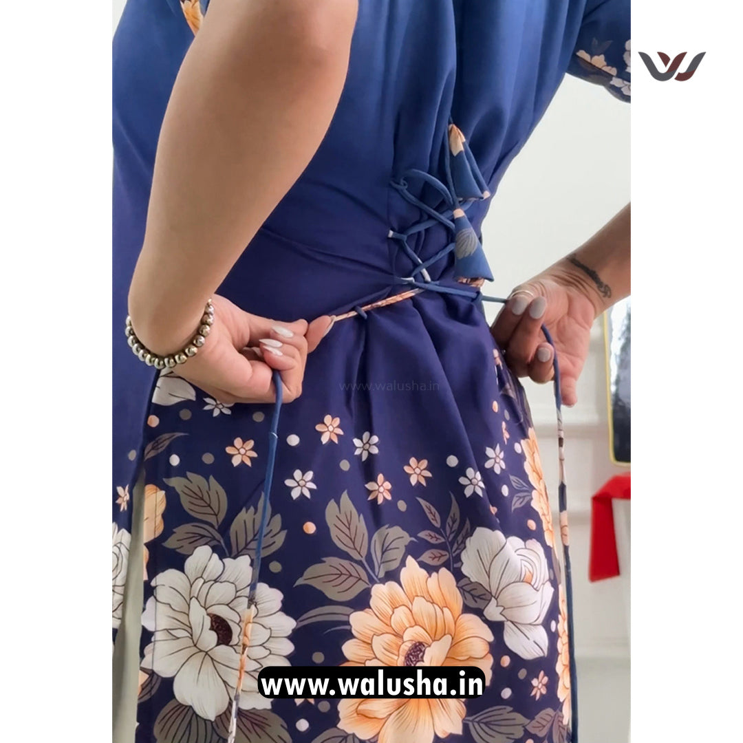 Navy Blue Blossom Printed Corset Back Short Kurti