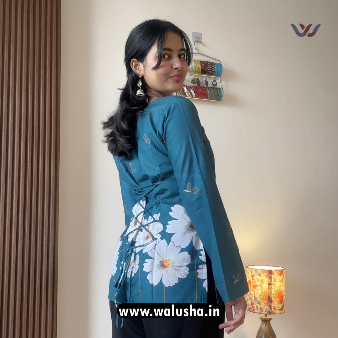 Stylish Teal Blue Floral Printed Corset Back Short Kurti