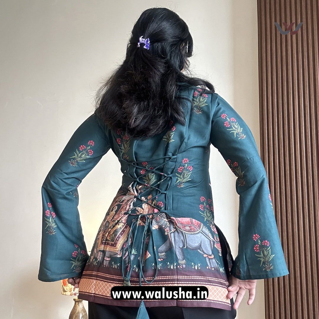 Crystal Green kalamkari Printed Corset Back Short Kurti