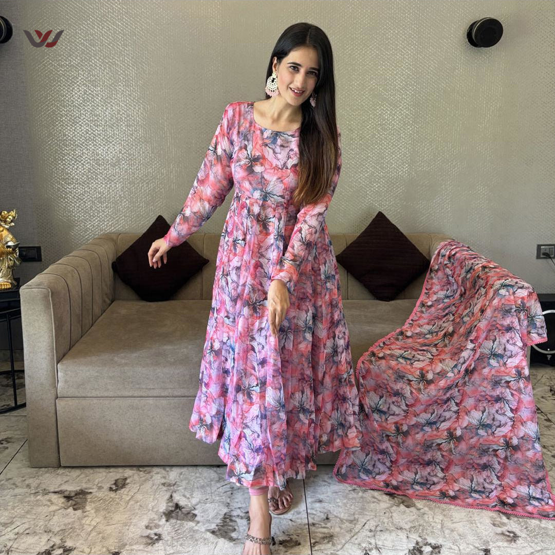 Pink Pure Organza Digitally Printed Anarkali Kurti Dupatta Set