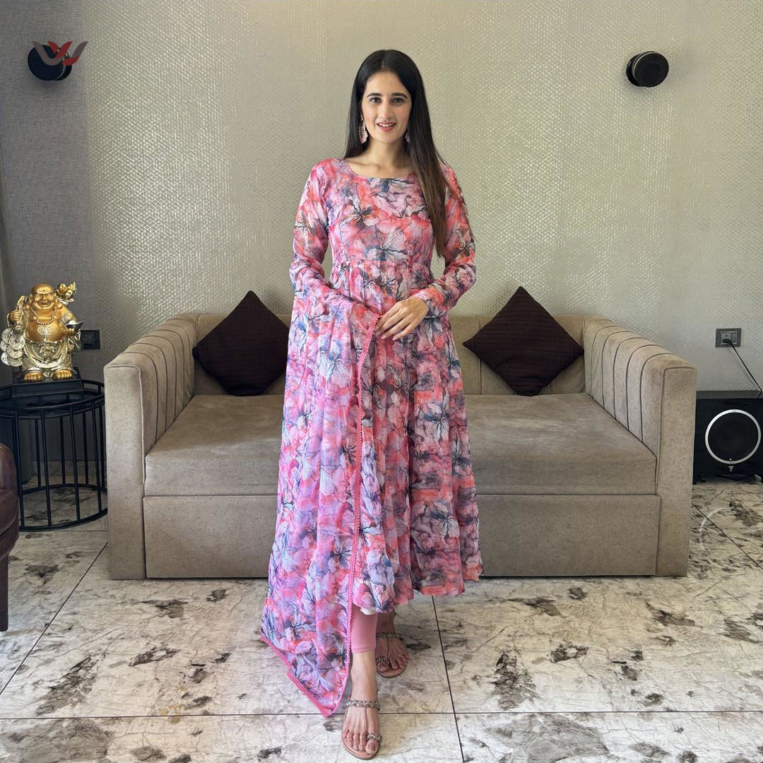 Pink Pure Organza Digitally Printed Anarkali Kurti Dupatta Set
