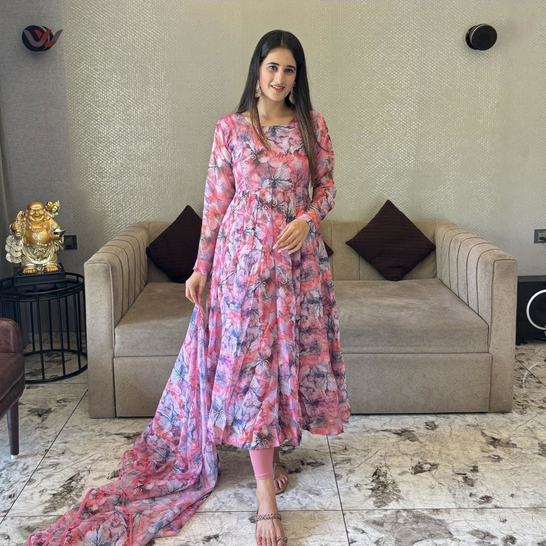 Pink Pure Organza Digitally Printed Anarkali Kurti Dupatta Set