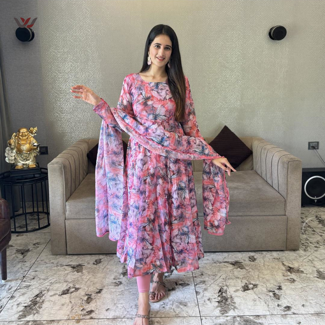 Pink Pure Organza Digitally Printed Anarkali Kurti Dupatta Set