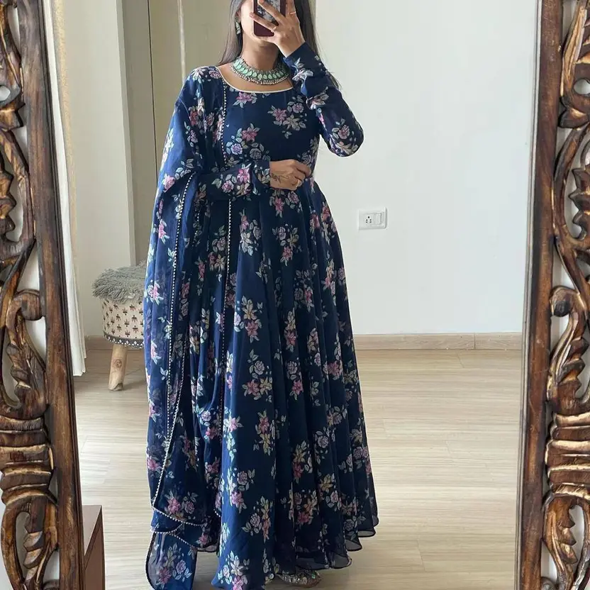 Navy Blue Floral Printed Long Kurtis