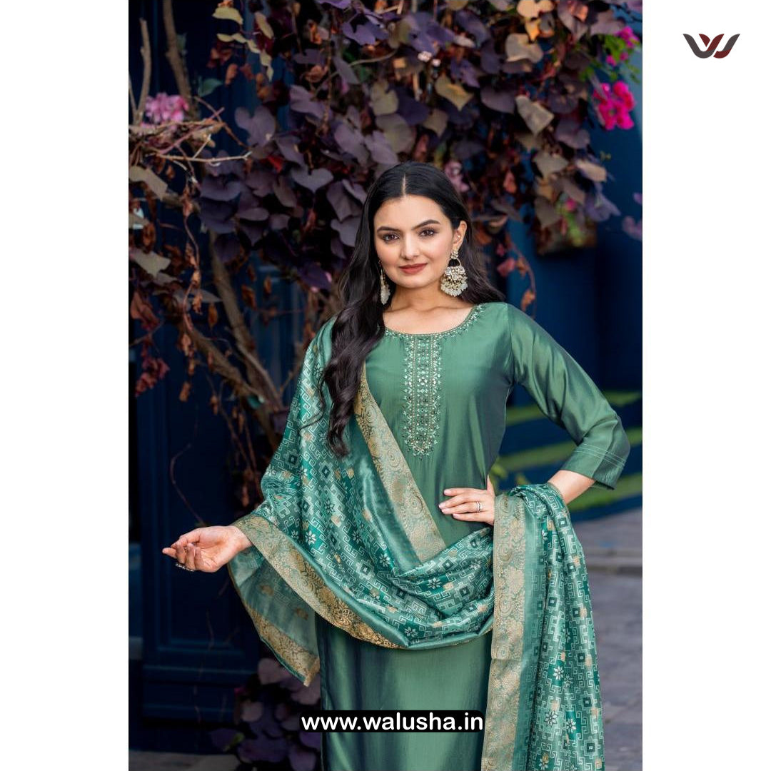 Turkish Green Embroidery Kurti With Jacquard Dupatta And Pant