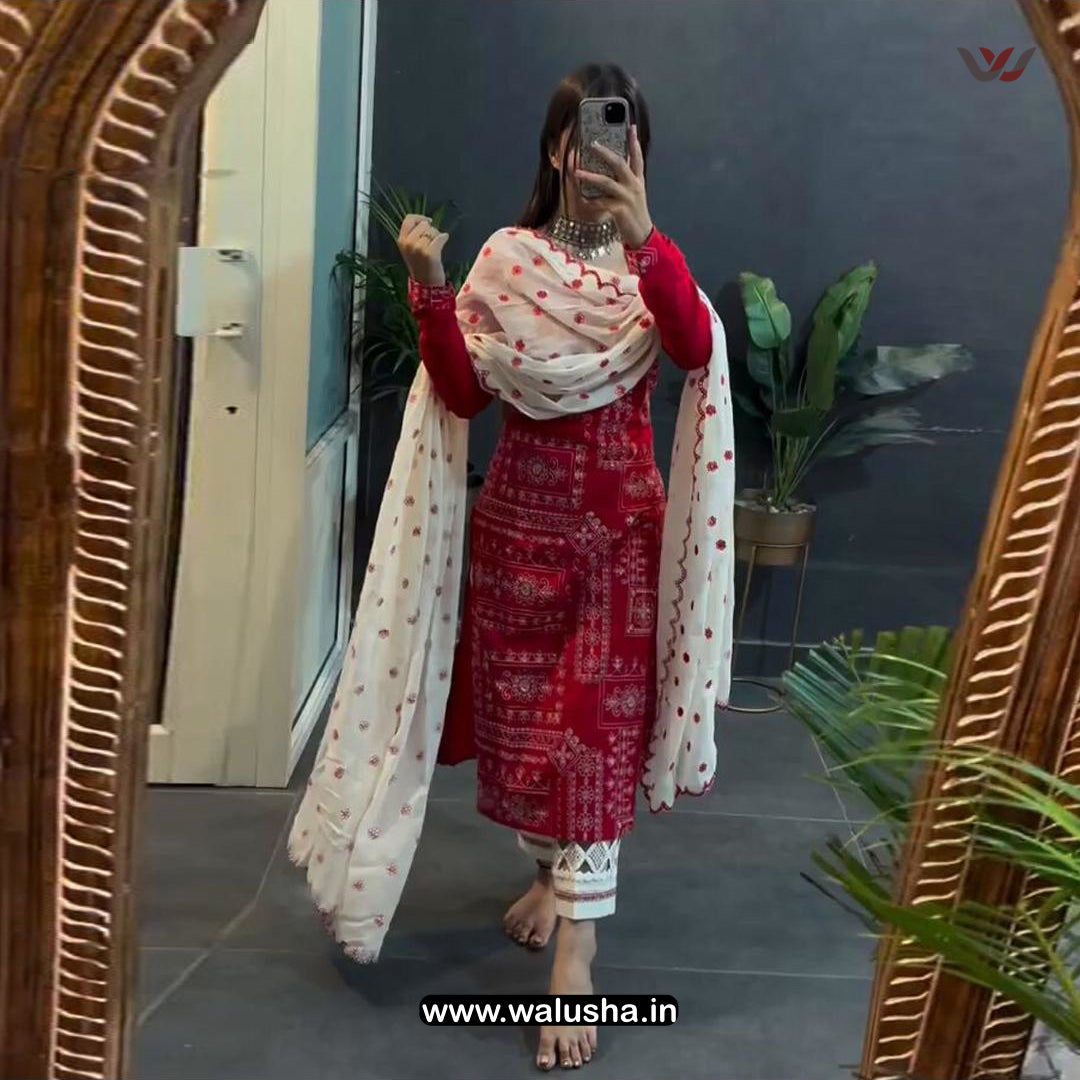 Red Embroidery Metro Suit Set