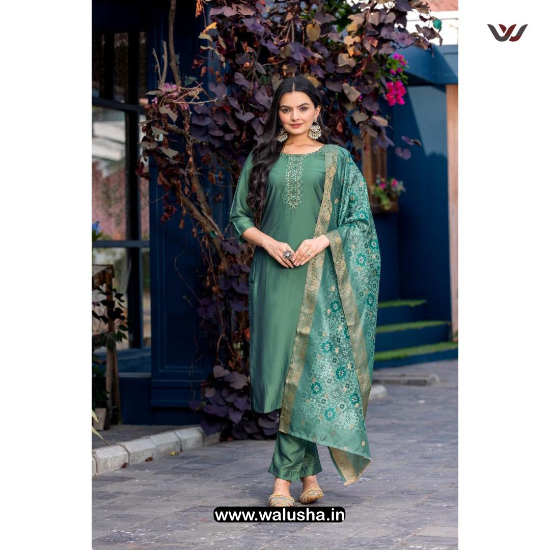 Turkish Green Embroidery Kurti With Jacquard Dupatta And Pant