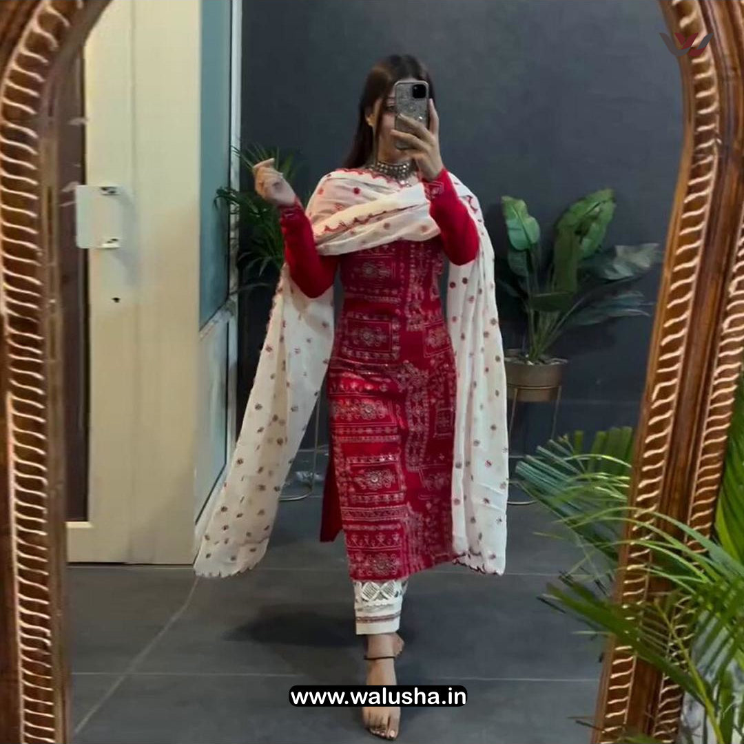 Red Embroidery Metro Suit Set