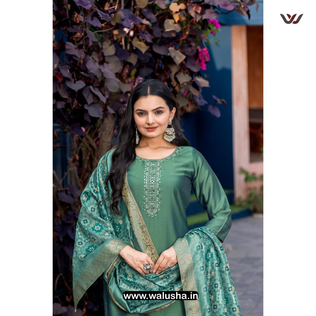 Turkish Green Embroidery Kurti With Jacquard Dupatta And Pant