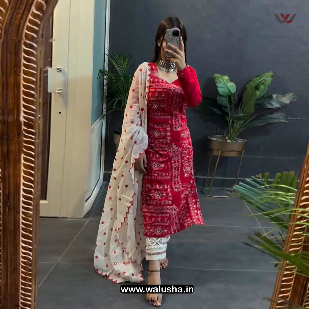 Red Embroidery Metro Suit Set
