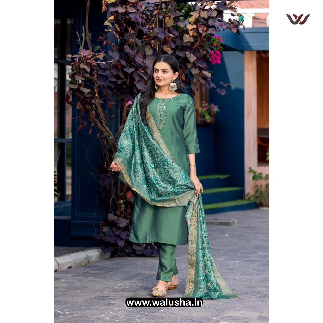 Turkish Green Embroidery Kurti With Jacquard Dupatta And Pant