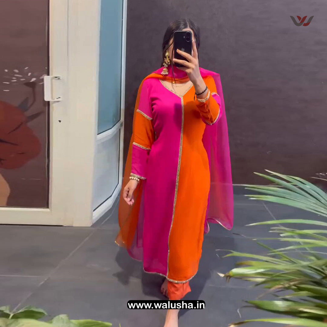 Orange And Pink Designer Georgette Kurti Set