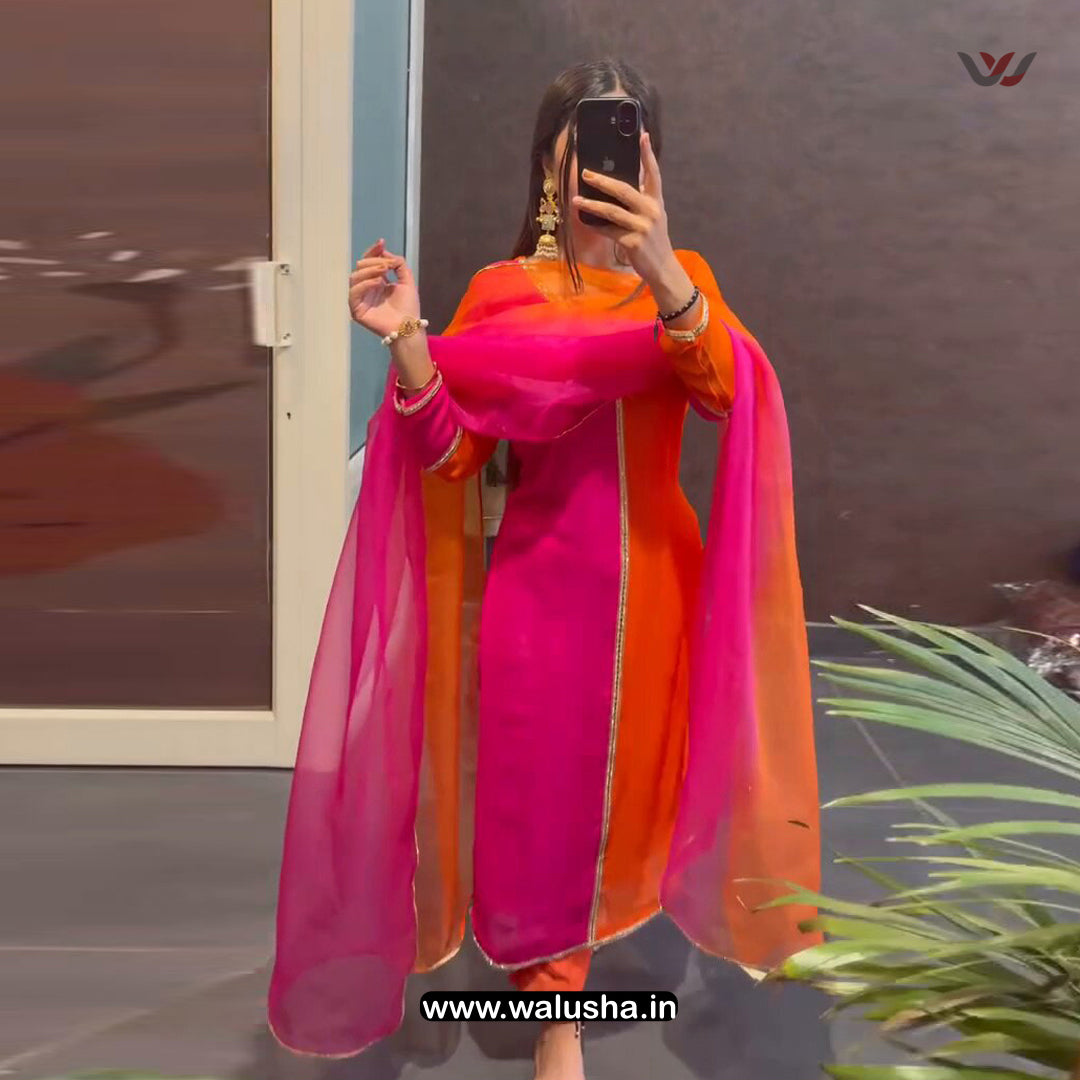 Orange And Pink Designer Georgette Kurti Set