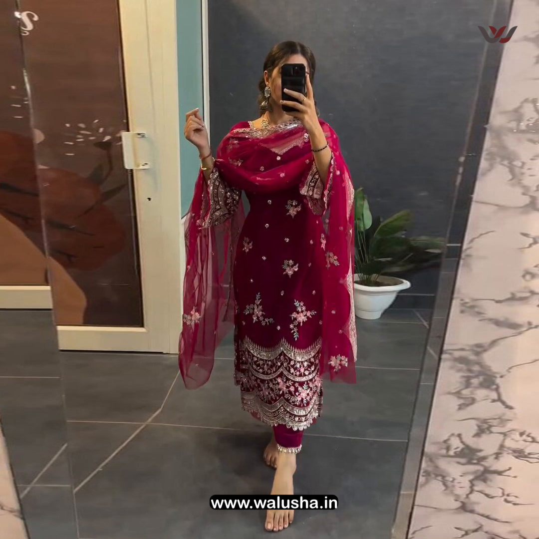Walusha Cheery Pink Embroidery Designer Georgette Kurti Set
