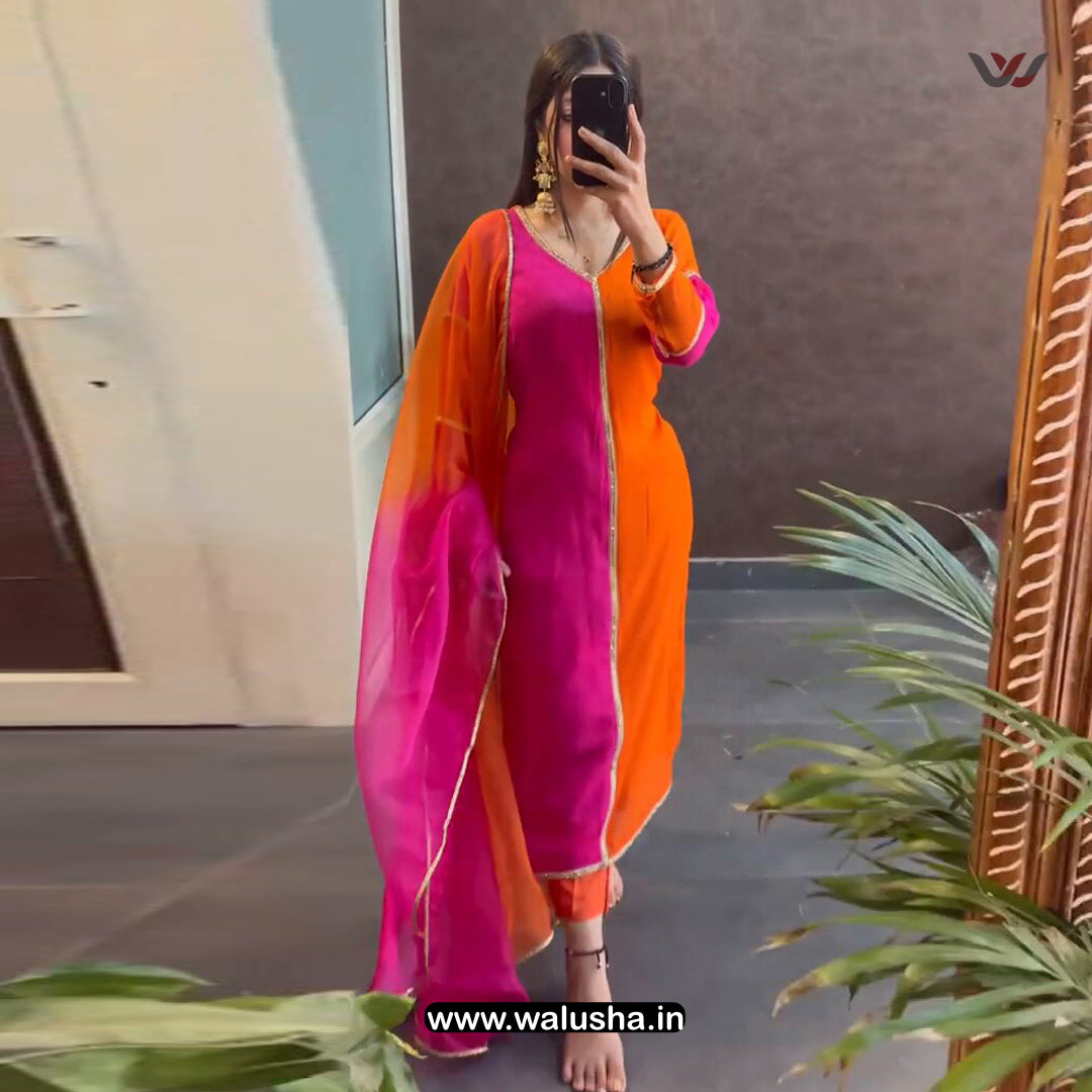 Orange And Pink Designer Georgette Kurti Set