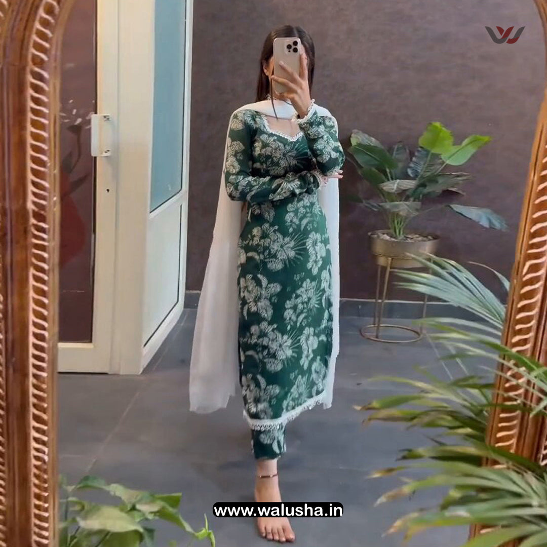 Green And White Designer Rasha Kurti Set