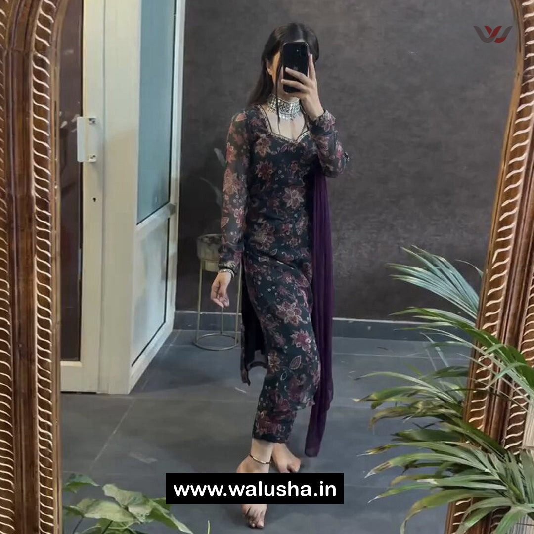 Dark Green Floral Printed Designer Georgette Kurti Set