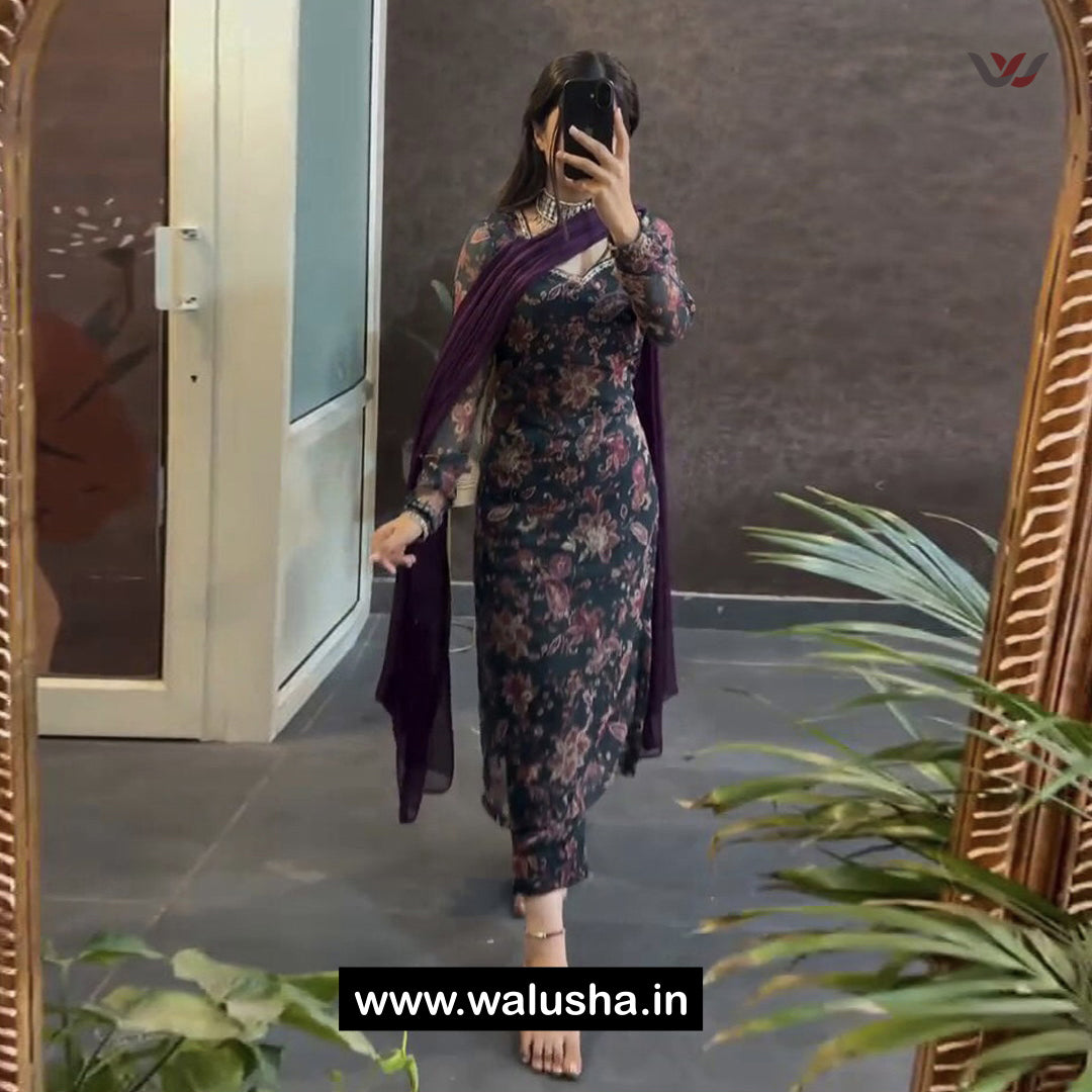 Dark Green Floral Printed Designer Georgette Kurti Set