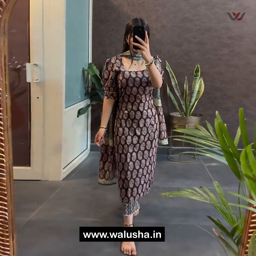 Walusha Brown Printed Cotton Bliss Kurti Set