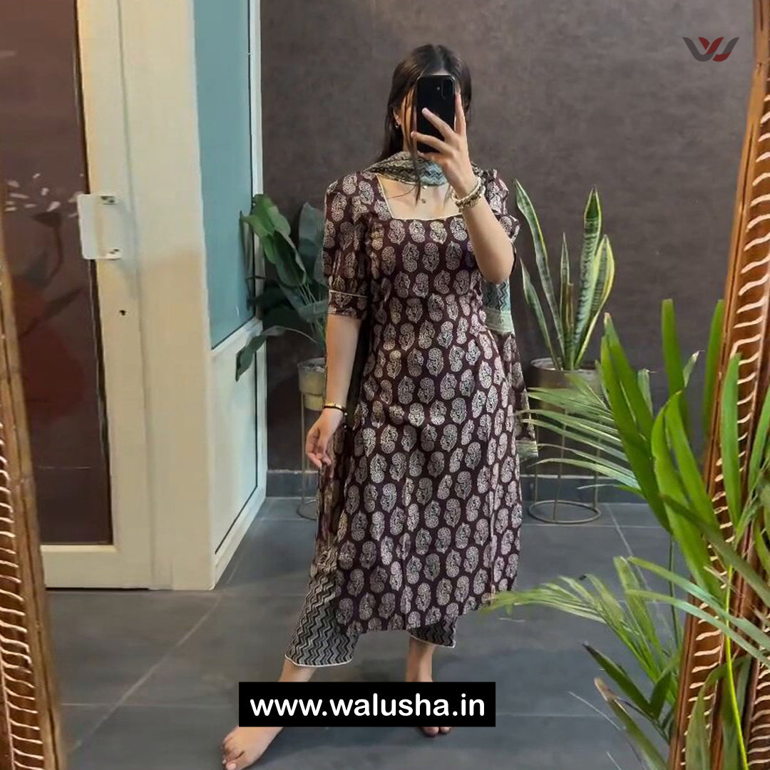Walusha Brown Printed Cotton Bliss Kurti Set