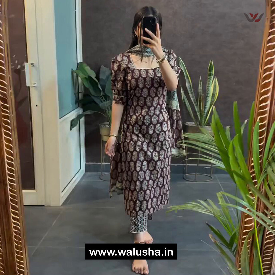 Walusha Brown Printed Cotton Bliss Kurti Set